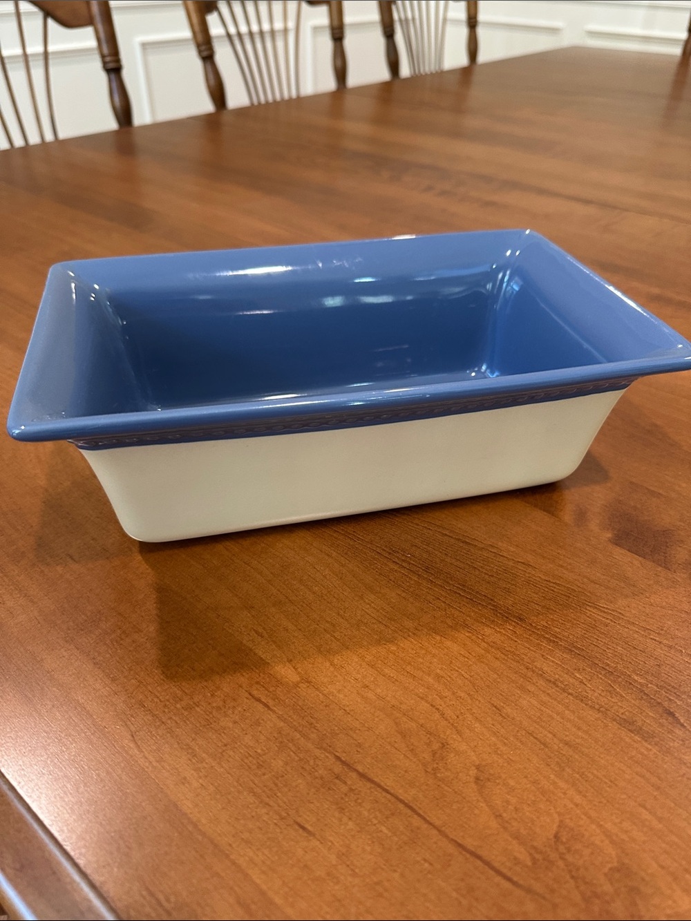 Paula Deen Loaf Pan stone stoneware cream blue painted dots detail